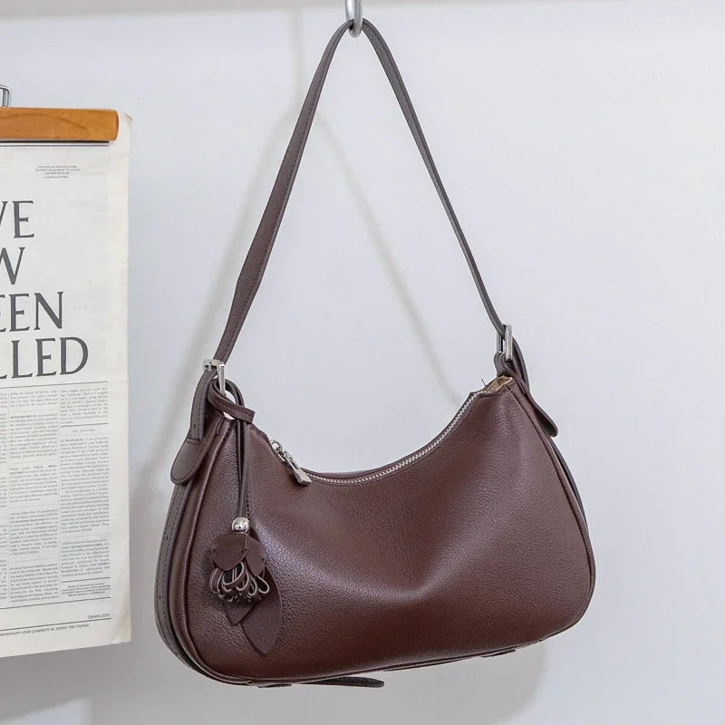 Genuine Cowhide Leather Slouchy Hobo Shoulder Bag for Women Pebbled Leather Crossbody Bag with Tassel Charm Luxury Designer Bag