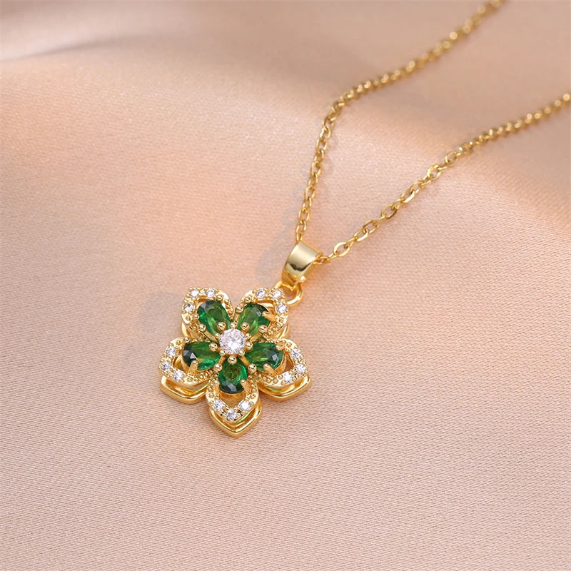 Light Luxury Rotating Flower Pendant Necklace for Women Fashion Zircon Flower Choker Stainless Steel Clavicle Chain Jewelry Gift