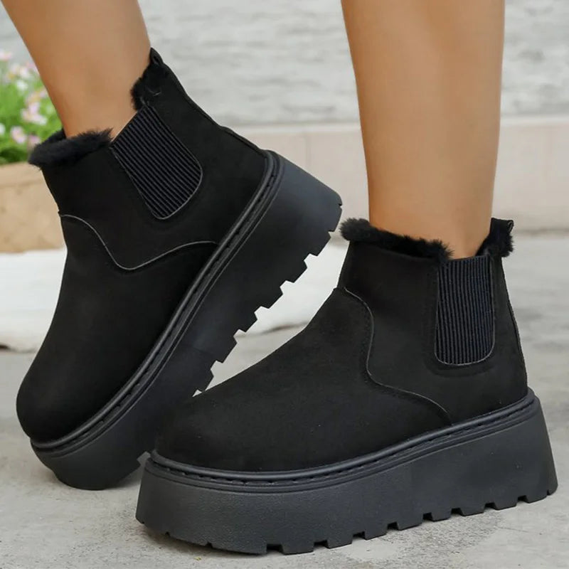 British Style Solid Color Platform Snow Boots Women Winter Soft Short Plush Warm Ankle Boots Woman Faux Suede Booties Female