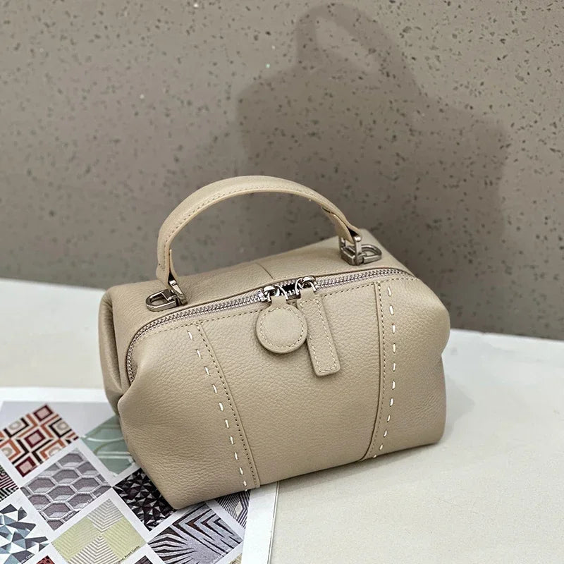 Genuine Cowhide Leather Mini Boston Bag for Women Luxury Designer Pebbled Leather Top Handle Crossbody Bag in Multi Colors