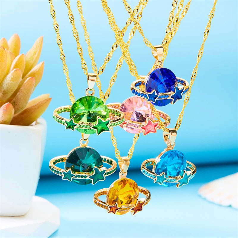 Luxury Fashion Crystal Planet Star Necklace for Women Elegant Exquisite Shiny Zircon Choker Clavicle Chain Party Jewelry Gift