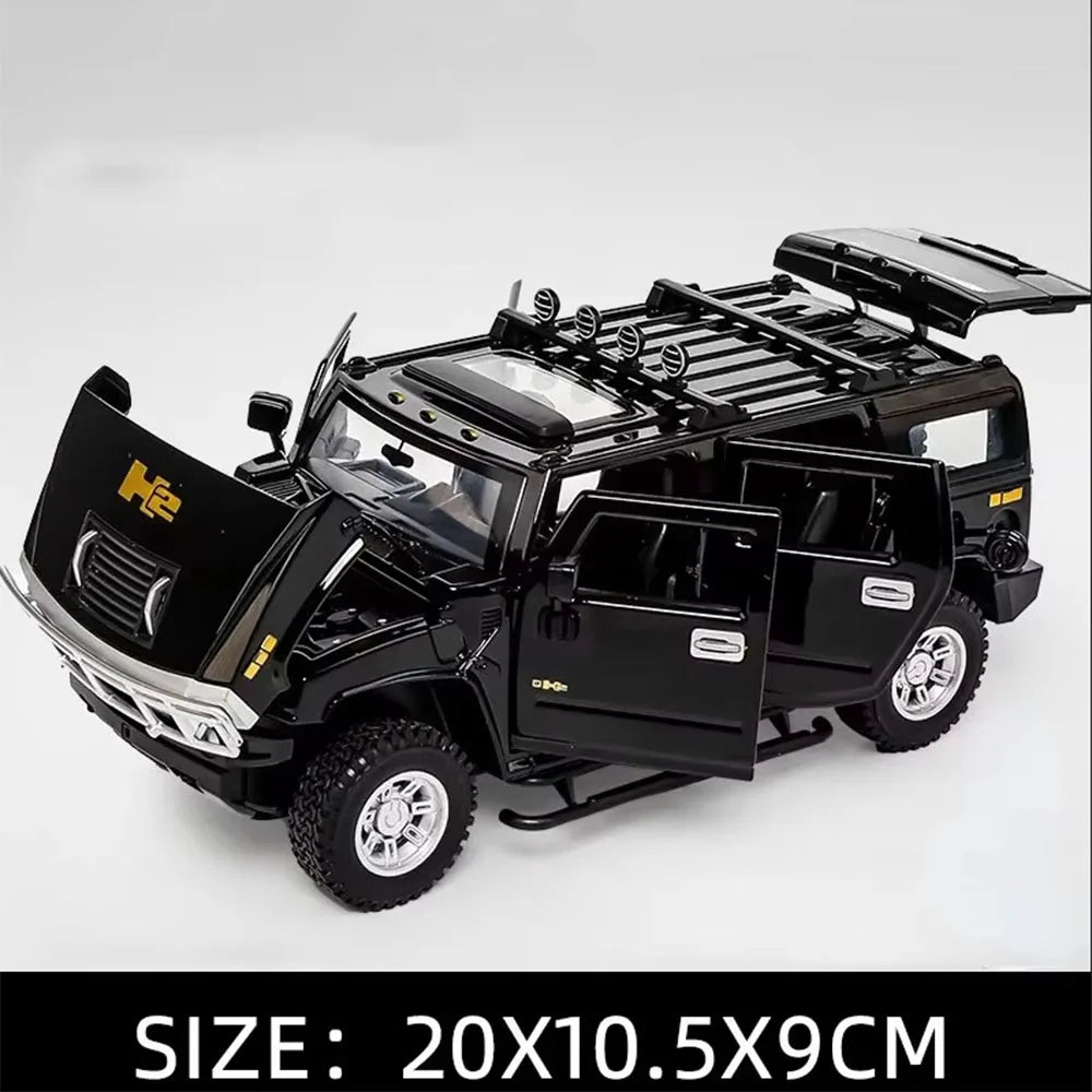 1/24 H2 Police Toy Model Car Alloy Diecast 6 Doors Opened with Sound Light Pull Back Rubber Tire Off-road Vehicles for Kid Gifts