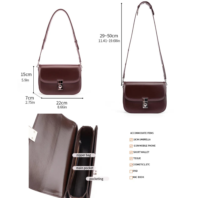 Genuine Cowhide Leather Flap Crossbody Bag for Women Vintage Saddle Shoulder Bag with Silver Lock Luxury Designer Messenger bags
