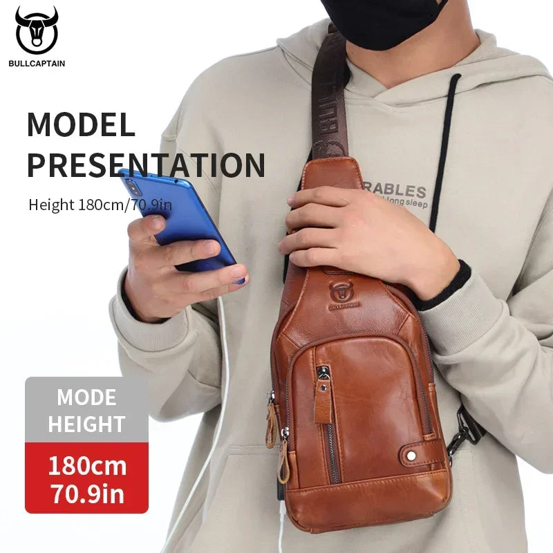 BULLCAPTAIN Leather Men's Chest Pocket One Crossbody Bags With USB Rechargeable Chest Bag Can Be Used For 7.9 Inch IPai Pockets
