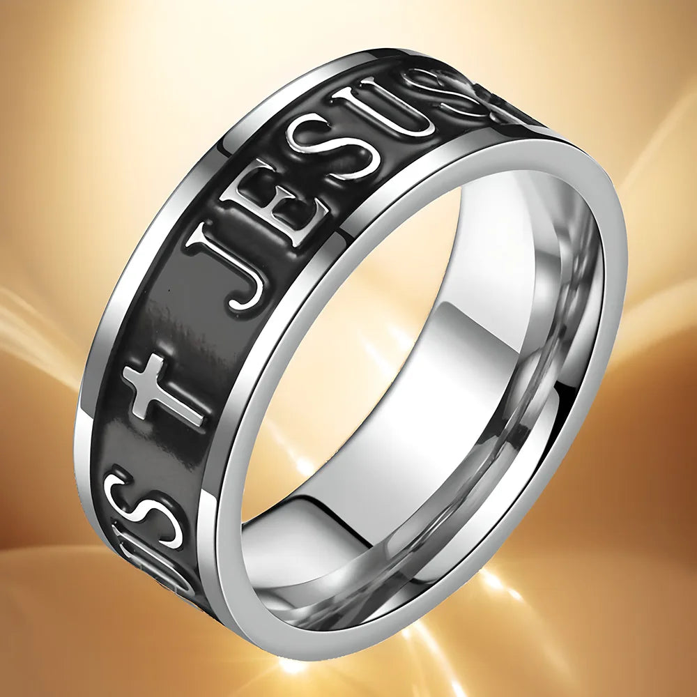 Punk Black Jesus Ring for Men, Never Fade Cross Stainless Steel Signet Ring