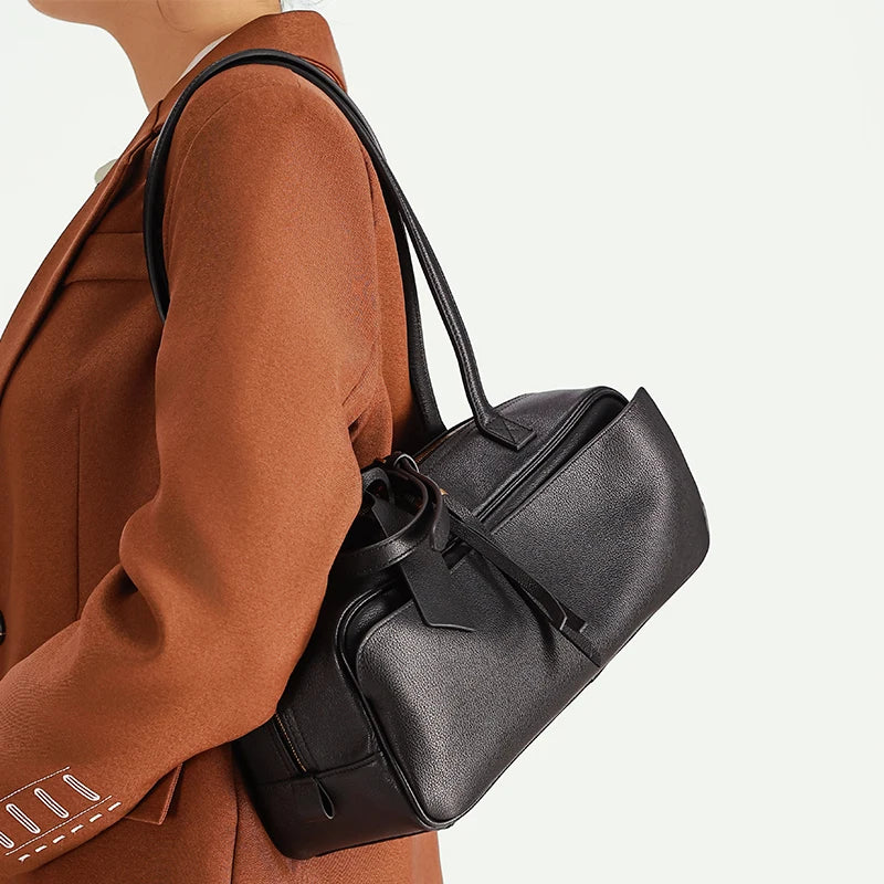 Genuine Leather Tote Bag for Women Large Capacity Cowhide Shoulder Bag Luxury Designer Handbag Female Bowling Underarm Bag