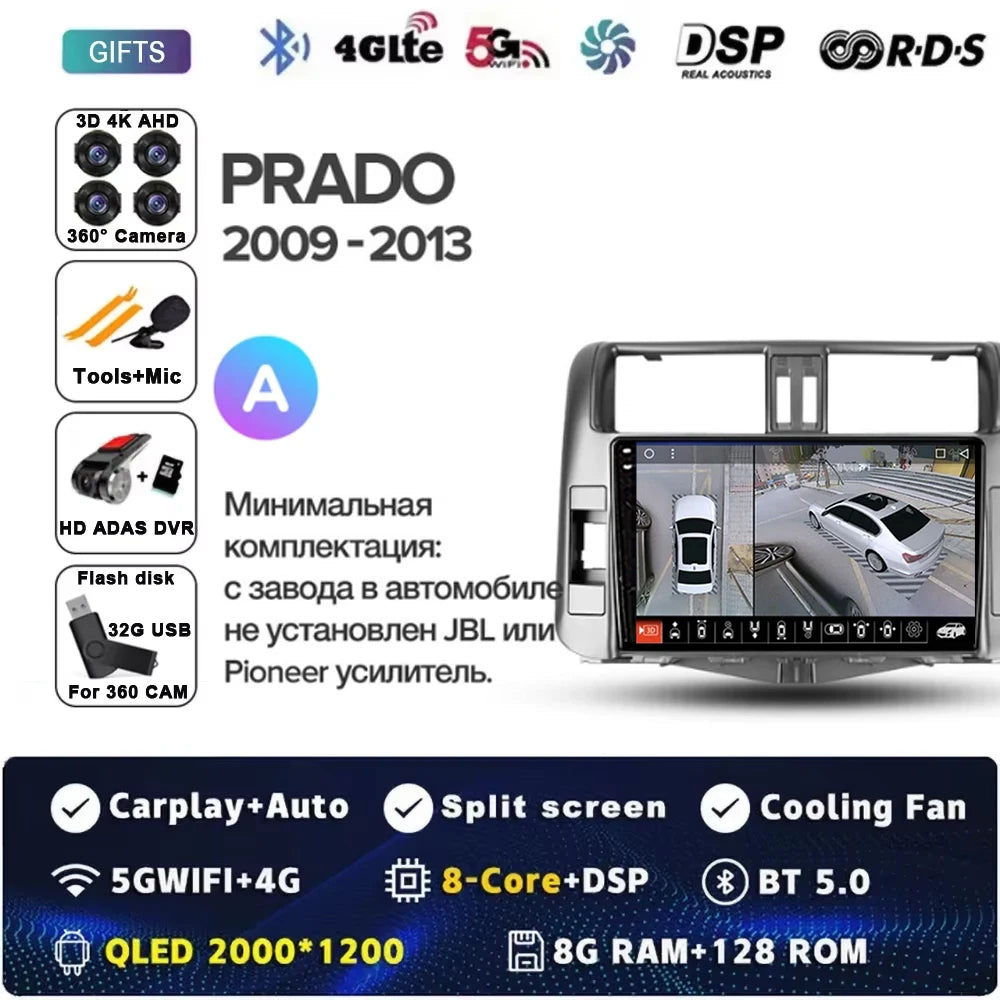 Android 15 Car Radio for Toyota Land Cruiser Prado 150 2009-2013 with GPS Navigation QLED Carplay Auto Multimedia Stereo BT