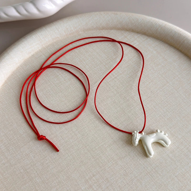 Funny Cartoon Colorful Horse Pendant Necklace for Women Adjustable Black Wax Rope Long Sweater Chain Accessories Fashion Jewelry