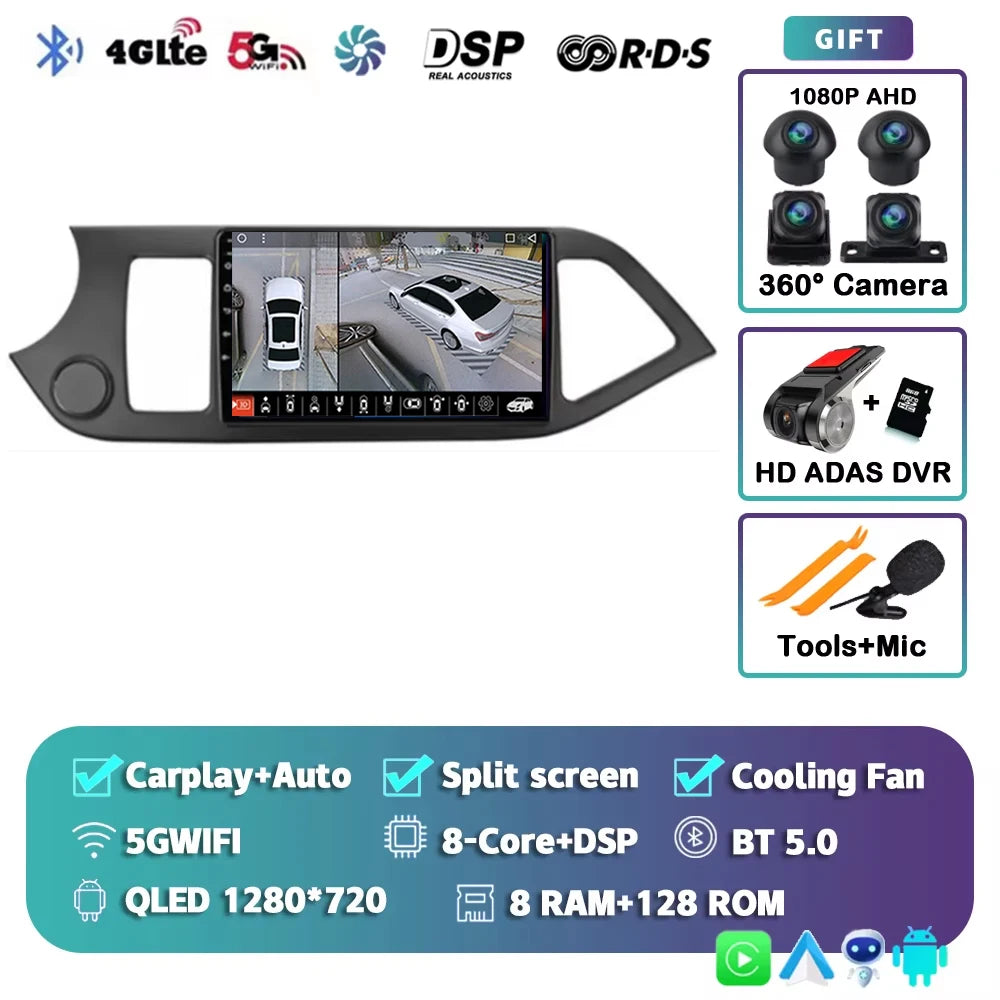 For KIA PICANTO Morning 2011 2012 - 2017 2K 12+256 QLED Android 15 CarPlay Car Radio Multimedia Video Player GPS stereo Head DSP
