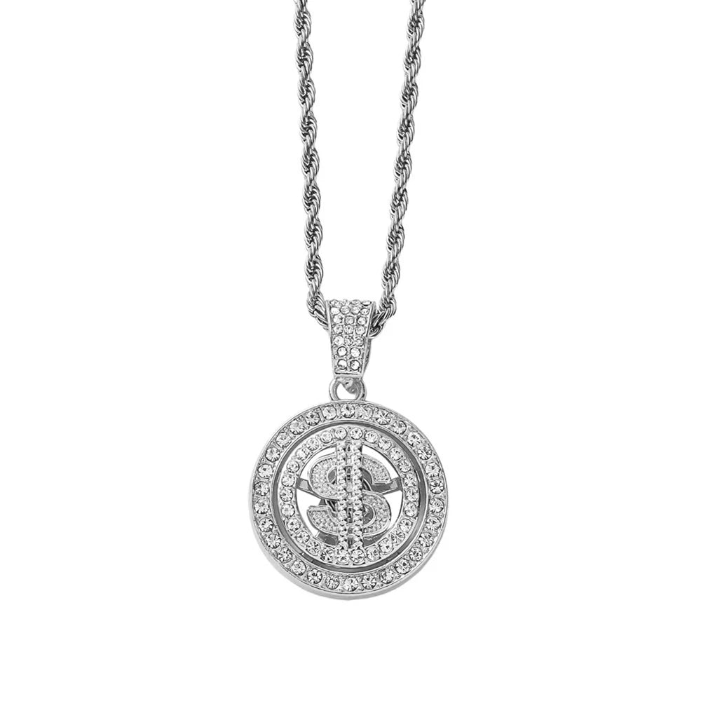 Hip Hop New Bling Rhinestone Dollar Pendants Necklace Rotatable US Dollar Money Sign Necklaces Men Hiphop Rap Rock Jewelry Gift
