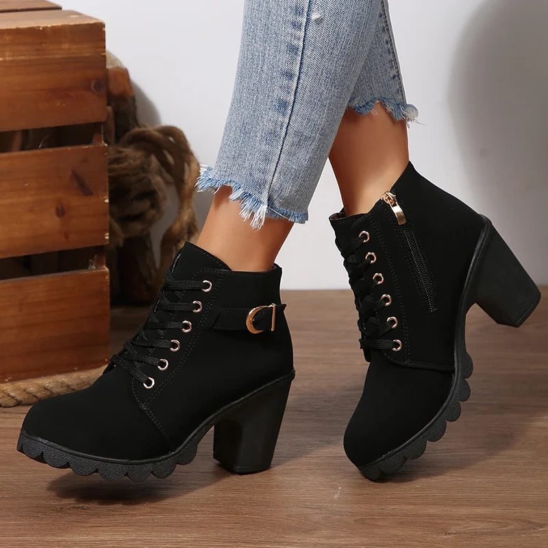 British Style High Heel Ankle Boots Women 2025 Fashion Non Slip Lace Up Short Booties Mujer Thick Heeled High Top Pumps Woman
