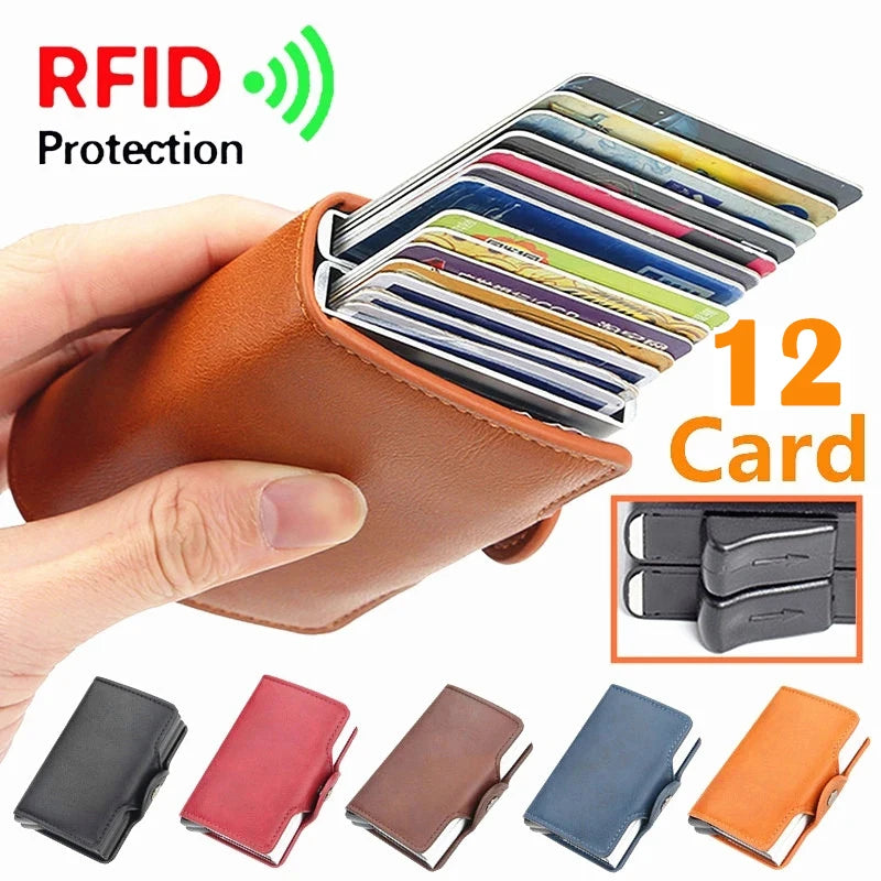 12 Card Slots Anti RFID 2X Aluminum Box Automatic PU Leather Wallet Card Holder