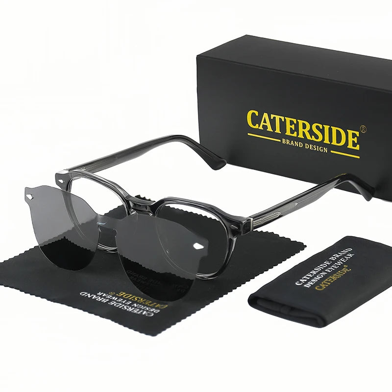 Caterside Retro Polarized 2-In-1 Sunglasses Men Acetate Frame Punk Sun Glasses Women Driving Travel Outdoor Eyeglasses Gift Box