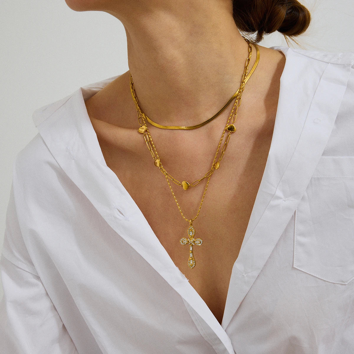 Uworld Retro Zircon Cross Pendant Necklace 18K Gold Color Plated Stainless Steel Colorful Zircon Cross Pendant Necklace Women's