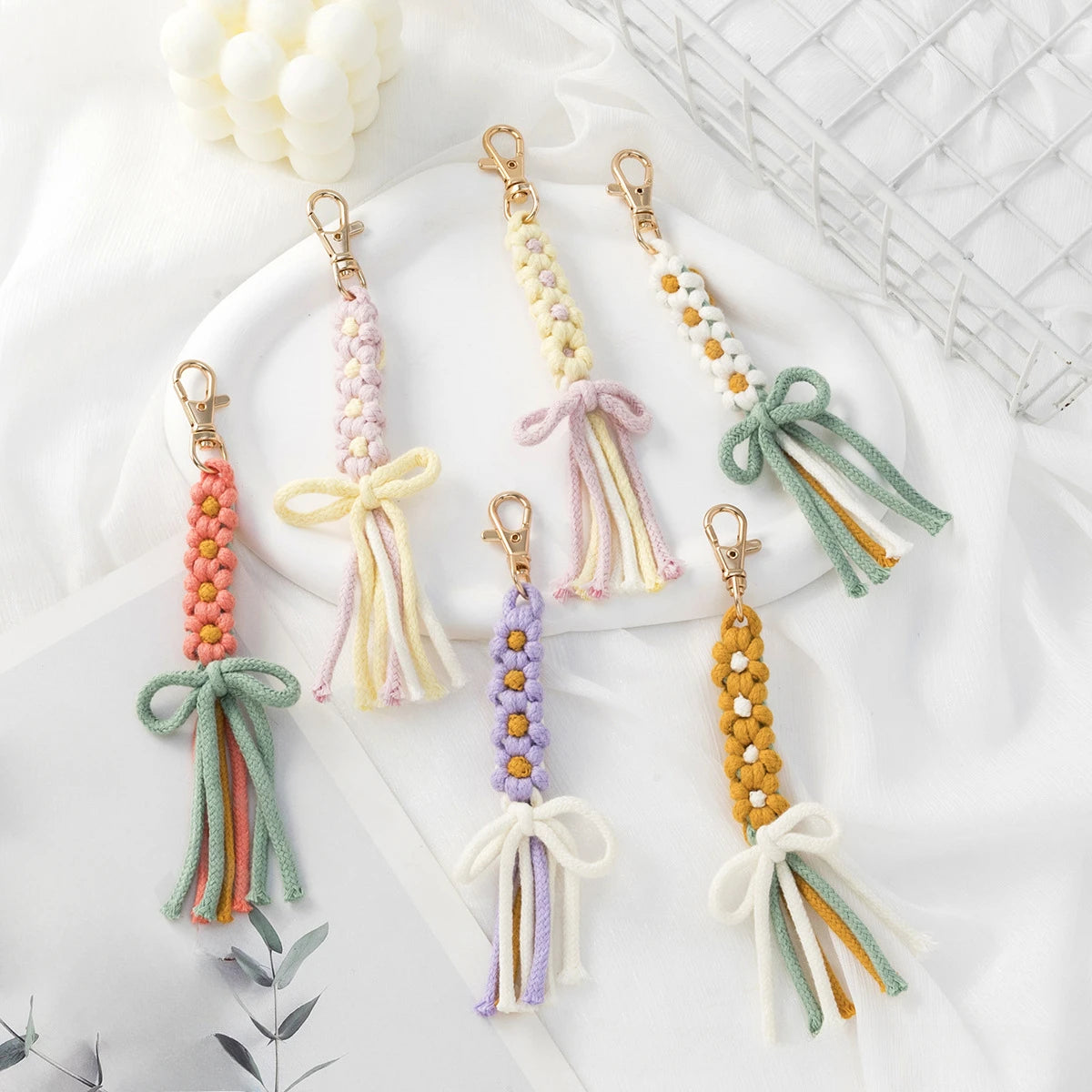 1pc Handmade Yarn Keychain with Tassels - Floral Design, Lobster Clasp, Vibrant Colors, Perfect for Bags Keys and Unique Gifts