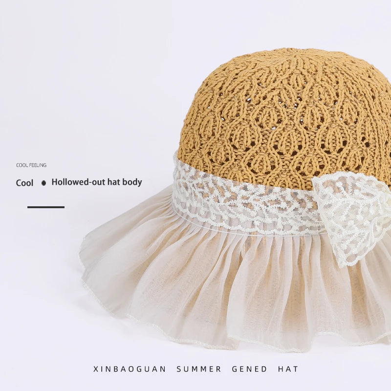 6179-New summer women's sheer breathable sun hat with children's lace ribbons and bow at the brim, fisherman style hat