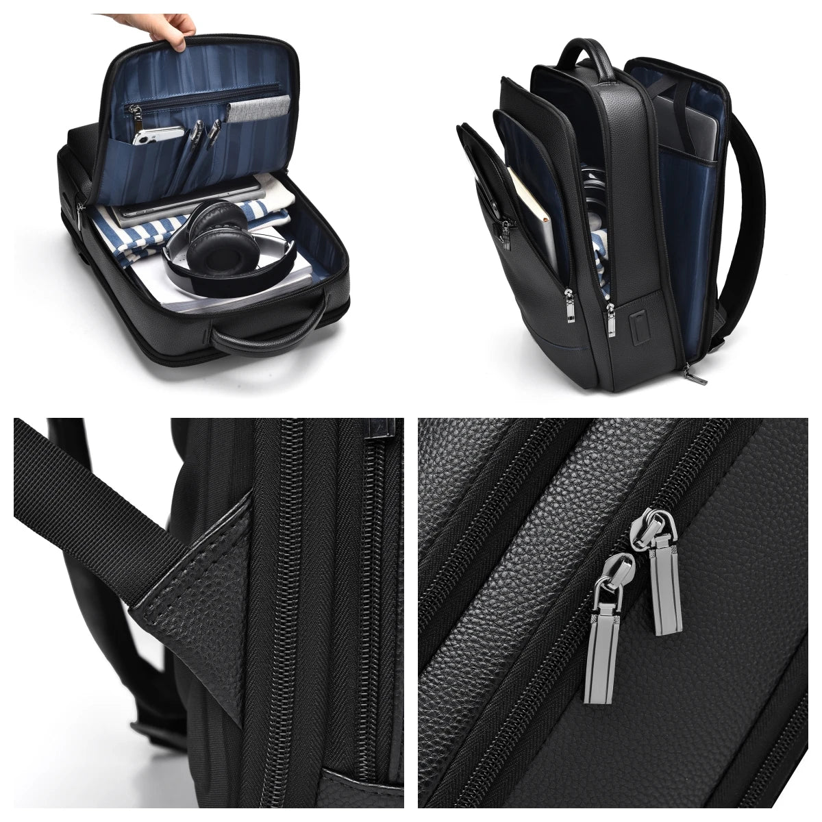 JEEP BULUO Men'Genuine Leather Business Backpacks Black Casual 15.6" Laptop bag