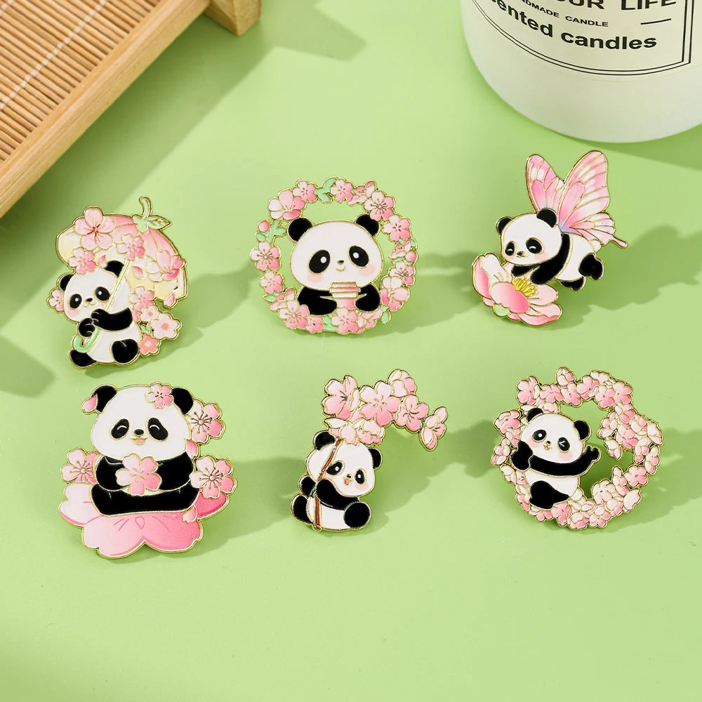 6pcs Cute Cartoon Animal Enamel Brooches - Flower Panda Cherry Blossom & Butterfly Lapel Pins Metal Badges Jewelry Gift Set