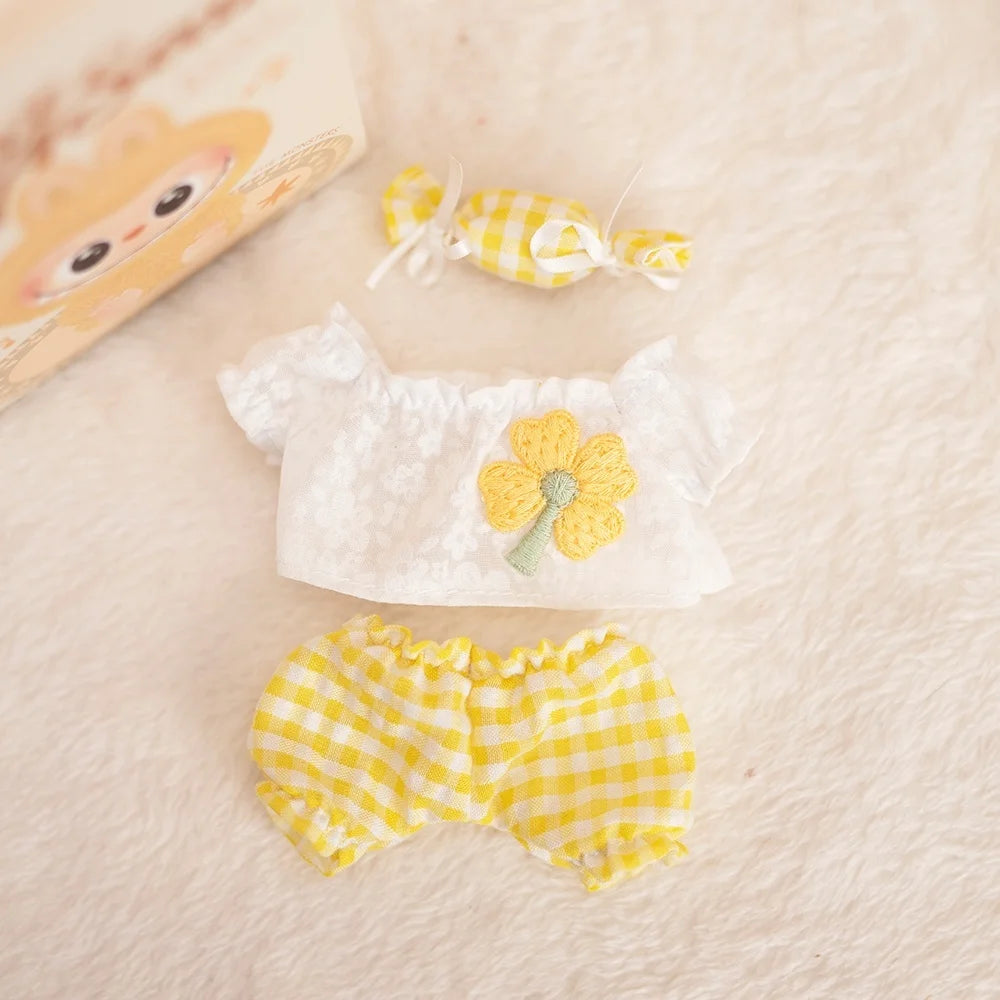 17 Cm Labubu Plush Toy Doll T-shirt with Denim Overalls Labubu Plush Toy Doll Pendant Clothes High quality