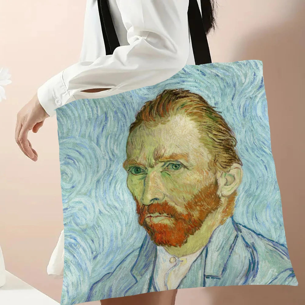 Van Gogh Series Linen Bag Oil Painting Starry Night Flower Handbag Shoulder Bag