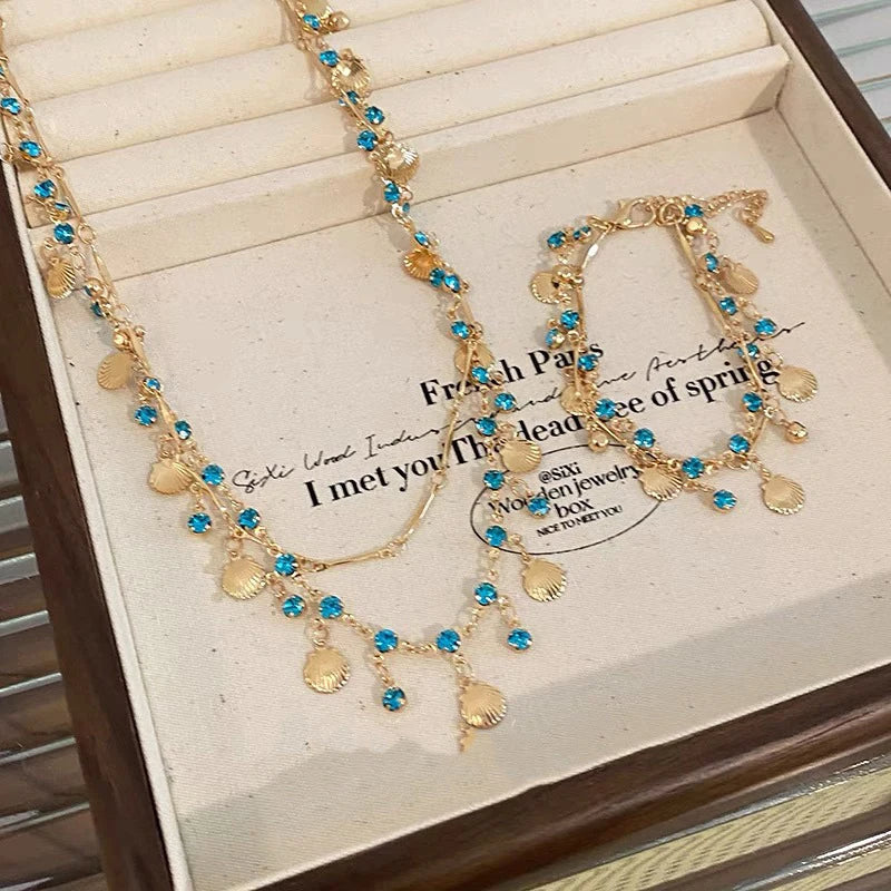 Dainty Gold Plated Scallop Shell Necklace Minimalist Layered Chain Blue Crystal Clavicle Necklace Trendy 2026 Summer Jewelry: