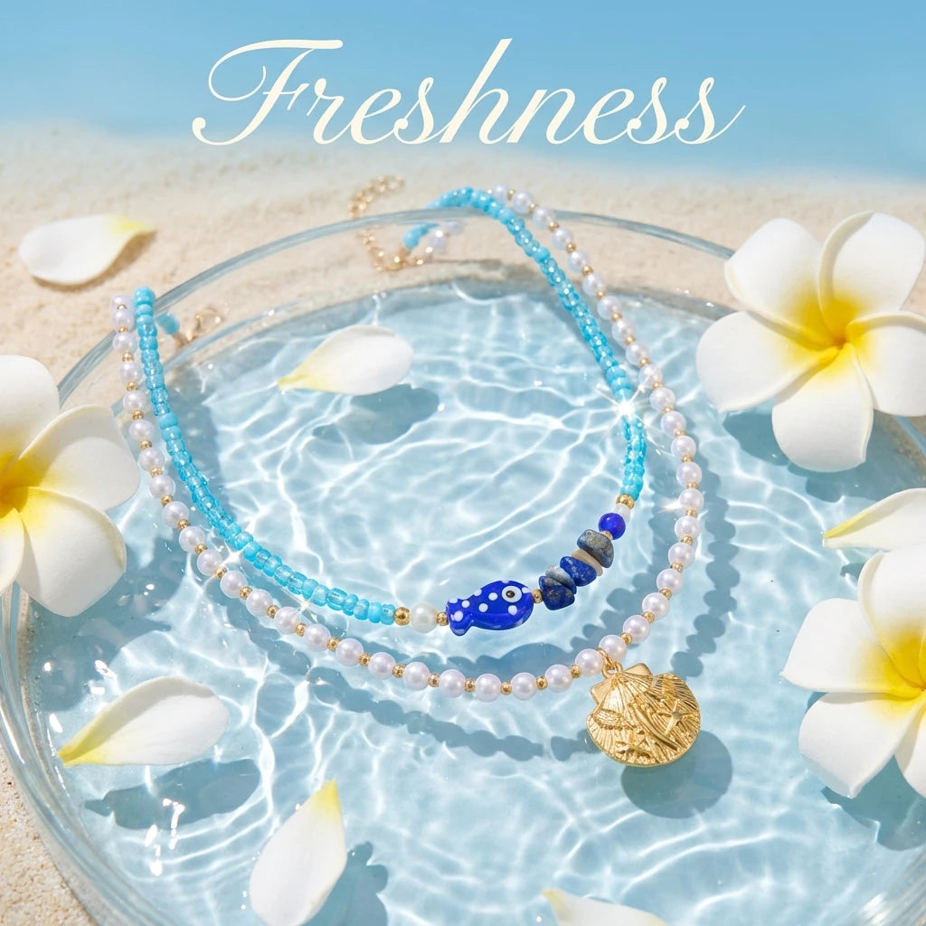 2Pcs/Set Vacation Fish Shell Stone Faux Pearl Beaded Necklace Summer Beach Boho Layered Choker Jewelry For Women