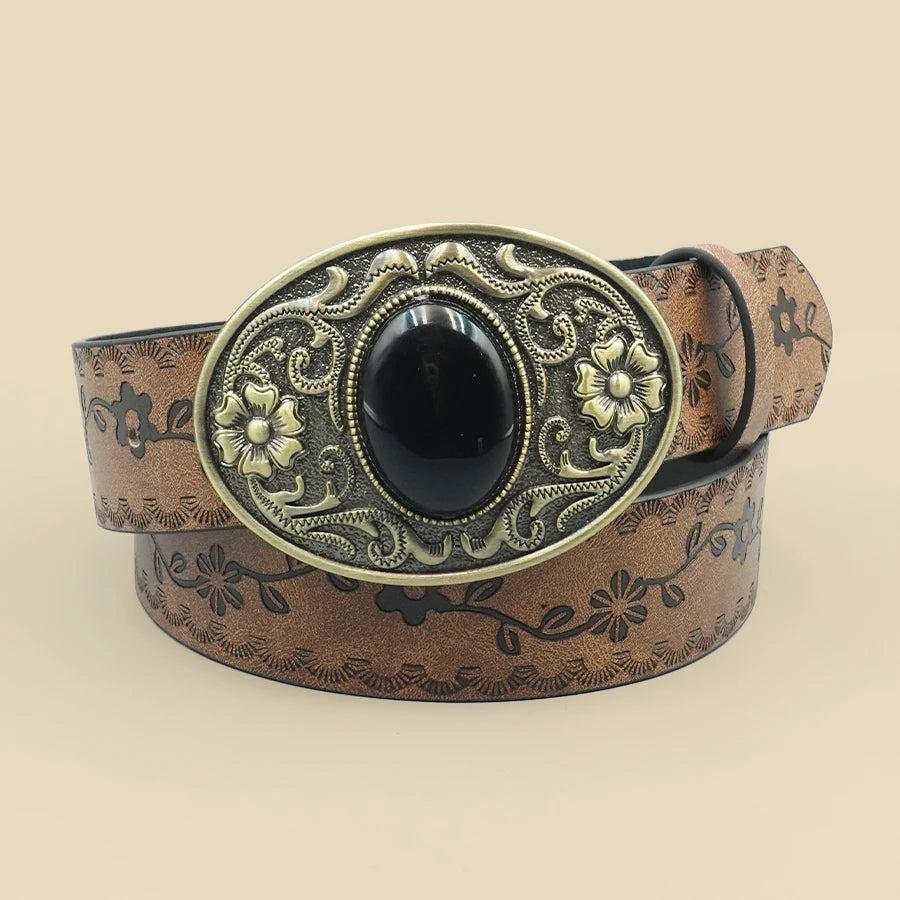 Retro Court Style Black Turquoise Inlaid Women's Belt, Western Denim Style, Niche Women's Belt, Carved Black Gemstone Belt