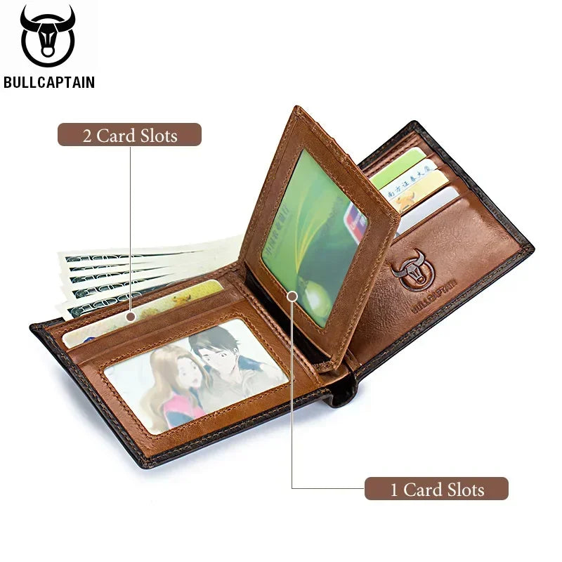 BULLCAPTAIN Men's Genuine Leather Wallet Business Retro Cash Clip RFID Multi-Card Slot Coin Purse QB05