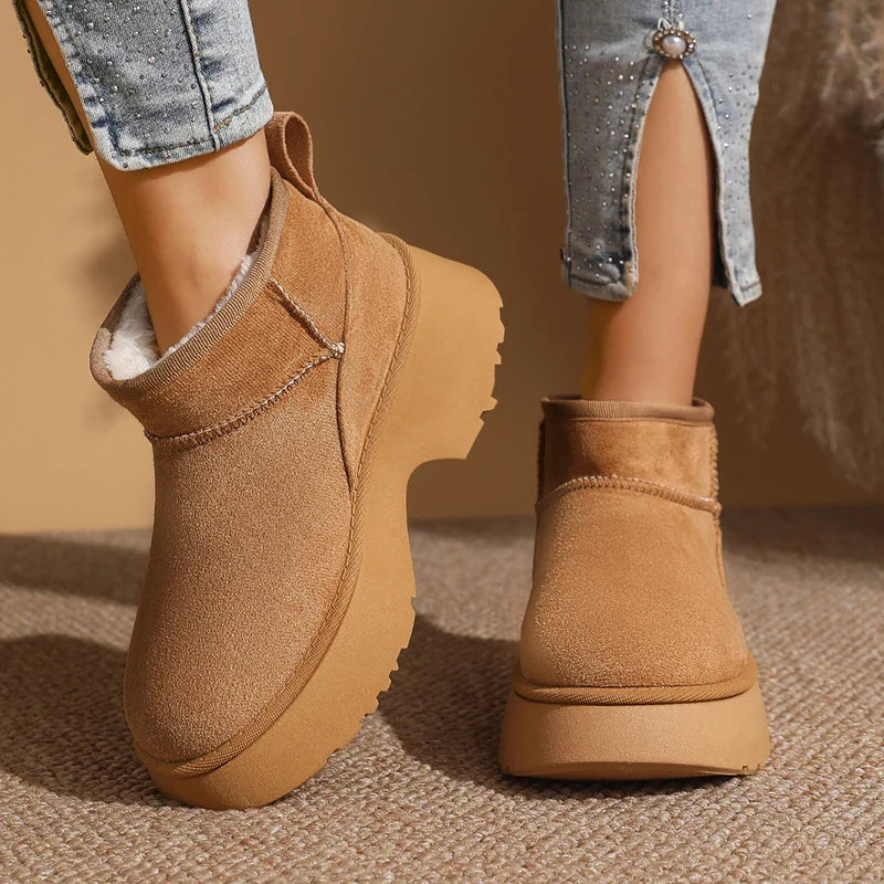 2025 New Faux Suede Thick Heel Snow Boots Women Slip On Warm Plush Winter Boots Woman Comfy Anti Slip Platform Ankle Botas Mujer