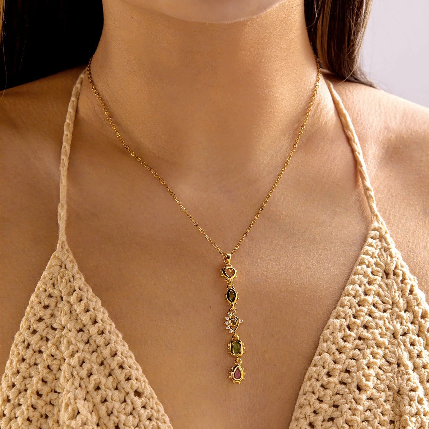 Shiny Colorful Tassel Star Burst Diamond Shape Long Pendant Stainless Steel Necklace for Women Bohemian Layered Jewelry Gift