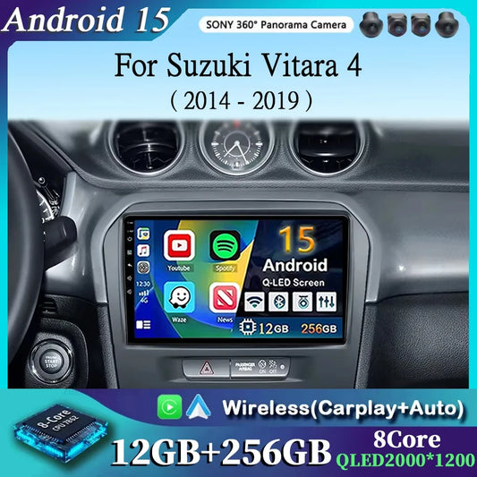 Android 15 2K For Suzuki Vitara 4 2013-2019 12+256GB WIFI Car Multimedia Player wireless Carplay Android Auto 4G Wifi GPS stereo