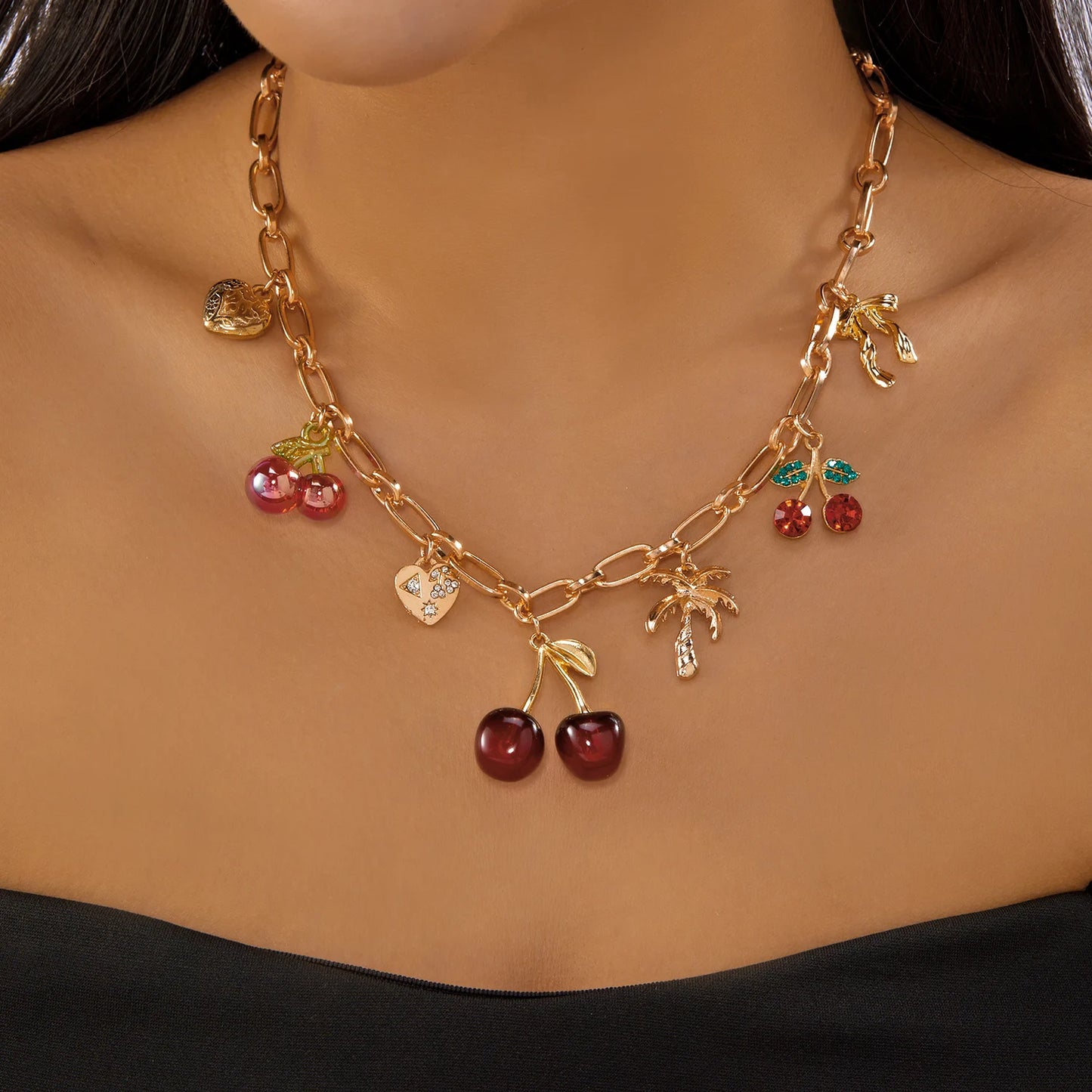 Sweet Charms Heart Cherry Strawberry Bow Multiple Pendant Necklace for Women New Trendy Cute Fruit Choker Chain Y2k Jewelry Gift