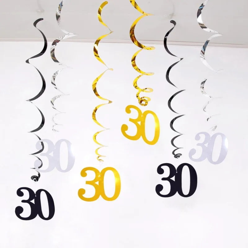 6pcs/set Spiral 18 21 25 30 40 50 60 70 80 90 Years Birthday Swirls Hanging Ornament Birthday Hanging Garland Party Decoration