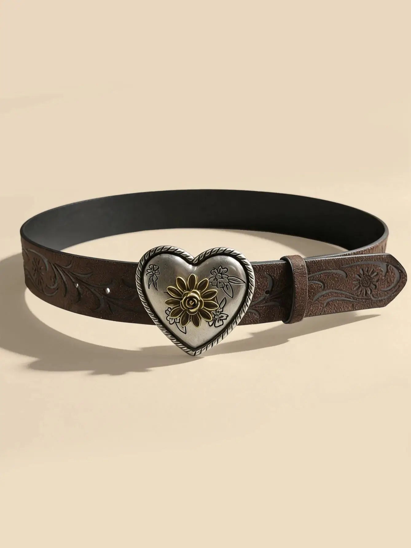 Heart Flower Metal Buckle Belt Brown Embossed Women's Retro Waistband Fashion Decorative Belt