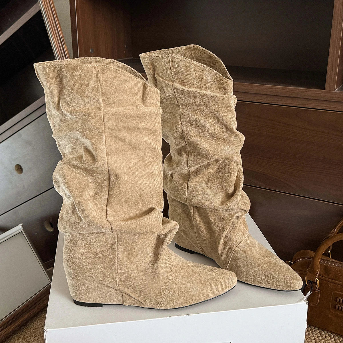 Khaki Faux Suede Mid Calf Boots for Women 2025 Fashion Pointed Toe Pleated Western Boots Woman Slip On Autumn Winter Booties