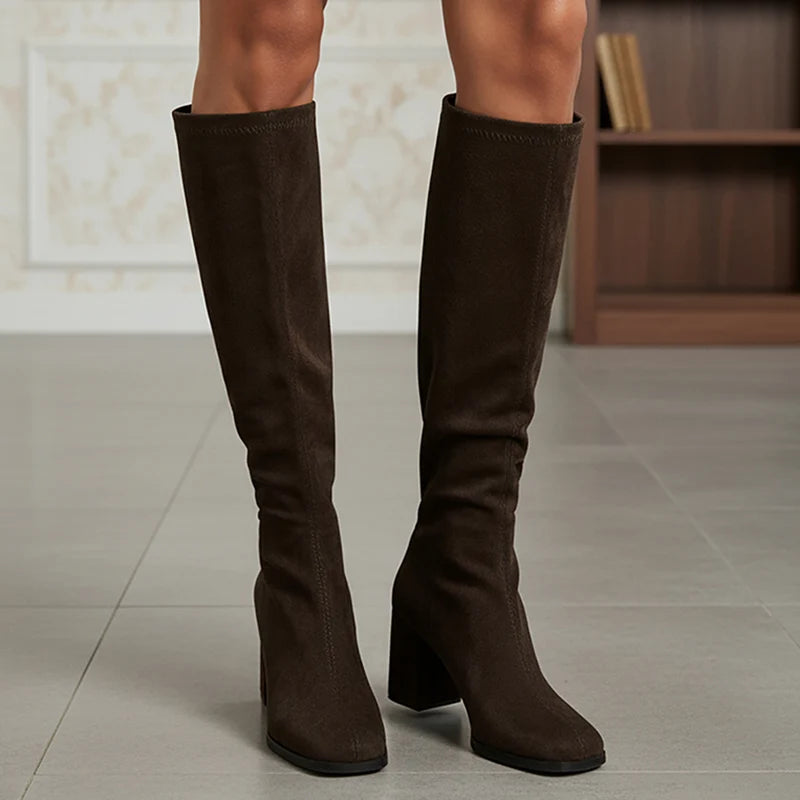 Fashion Black Thick High Heels Knee High Boots Women Back Zipper Flock Long Boots Woman Rubber Sole Plus Size Botas Mujer 43