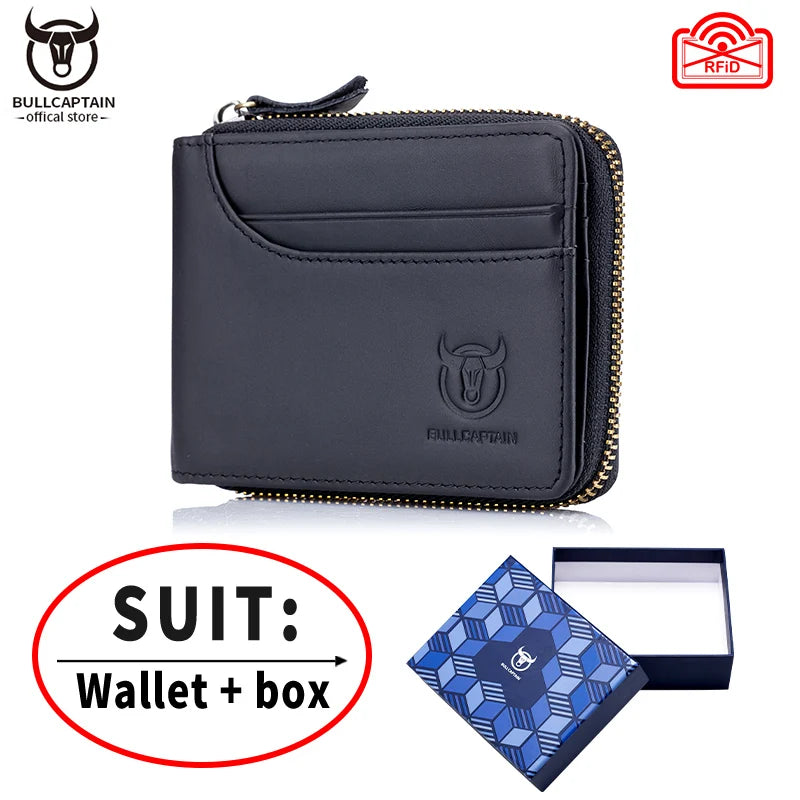 BULLCAPTAIN Men's Genuine Leather Wallet Business Casual Retro RFID Zipper Coin Purse Multi-Card Slot Cash Clip