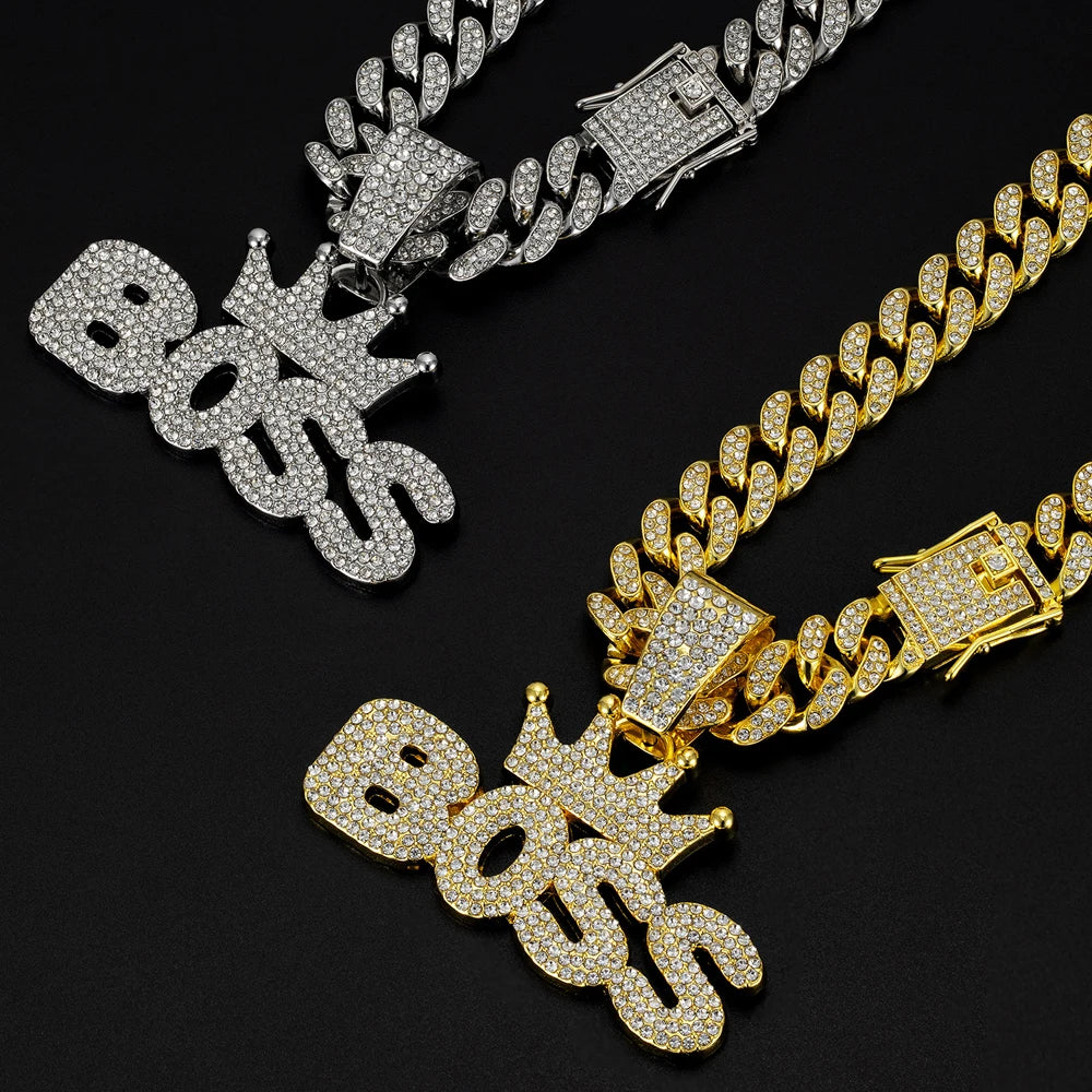 Men's Cool Hip-hop Rhinestone Letter BOSS Pendant Necklace, For Men Fashion Iced Out Bling Zircon Cuban Thick Chain Punk Jewelry