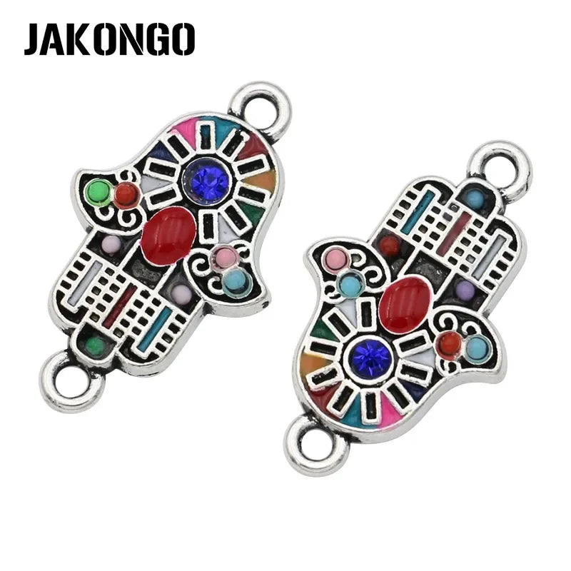 10Pcs Silver Plated Colorful Crystal Fatima Hand Connectors for Jewelry Making Bracelet Accessories DIY Craft 24x14mm