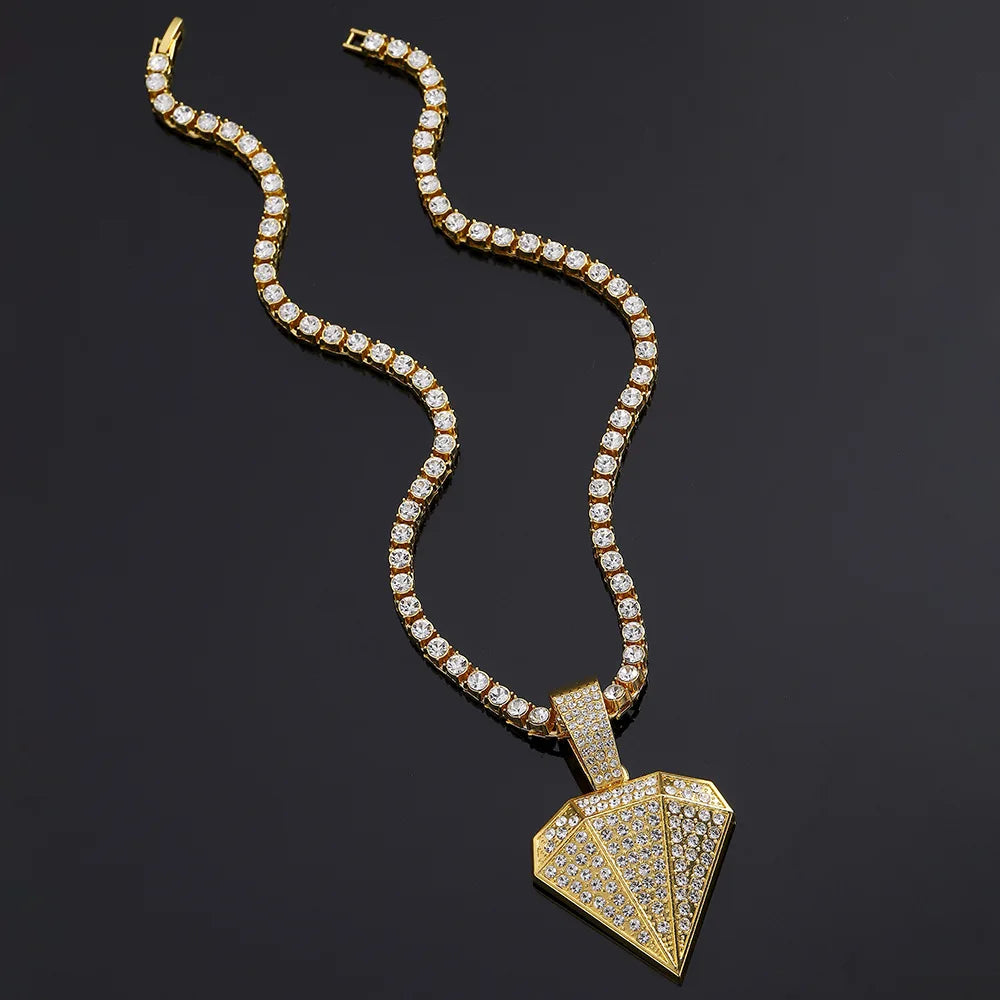 Men's Hip Hop Fashion Bling Big Triangle Pendant Necklace,With 4mm Rhinestone Tennis Chain Diamond Shape Necklaces Charm Jewelry