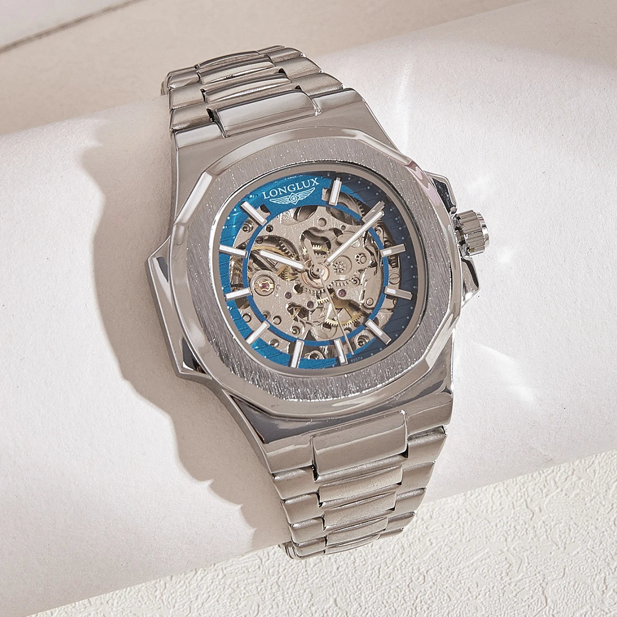 Silver LONGLUX Men automatic mechanical watch luxury waterproof skeleton Watches