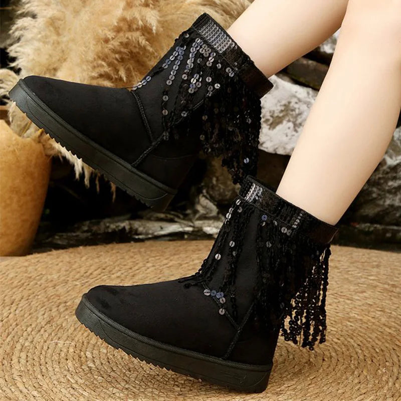 Elegant Shiny Detor Snow Boots for Women Short Plush Thicken Warm Snow Boots Woman Winter Faux Suede Platform Cotton Shoes Lady