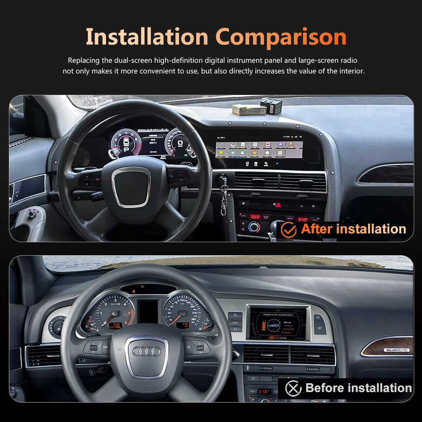 For Audi A6 A6L C6 4F (2005-2012 ) digital instrument panel, speedometer, Android radio, wireless CarPlay, GPS navigation 4+64GB