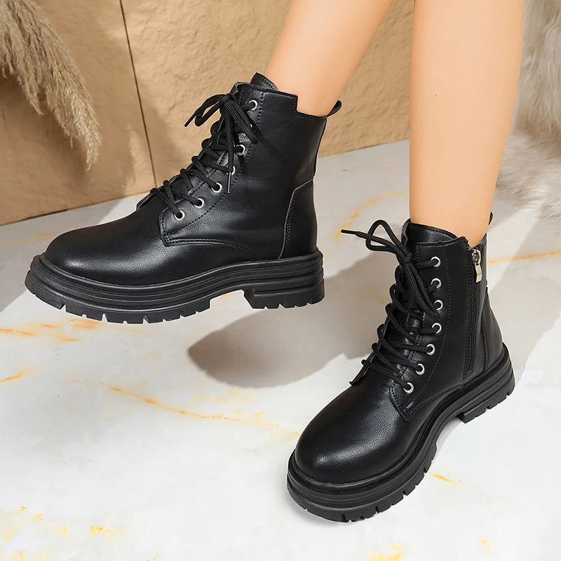 Fashion Lace Up Black Ankle Boots for Women Autumn Winter Zip Platform Combat Boots Woman Classic Pu Leather Short Booties Mujer