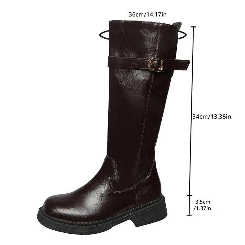 Fashion Buckle Platform Knee High Boots Women Side Zipper Pu Leather Long Boots Woman Wide Toe Thick Sole Riding Botas Mujer