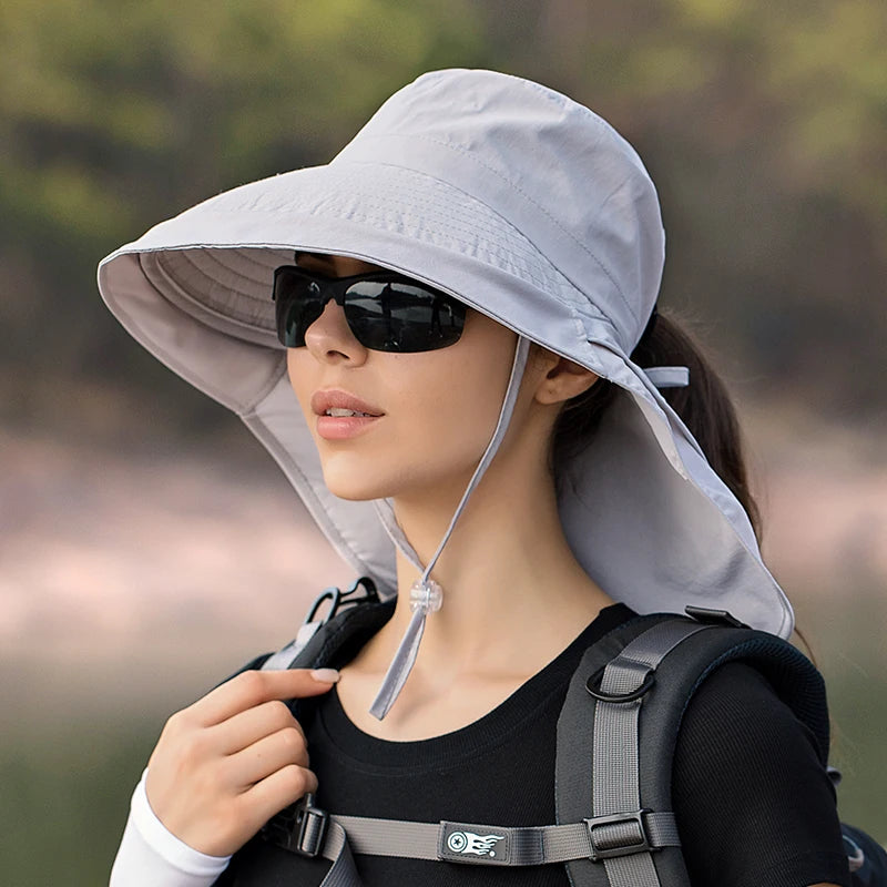 Xinbaoguan 100% polyester summer outdoor sunshade hat, horsetail hole folding face shading, women's fisherman hat