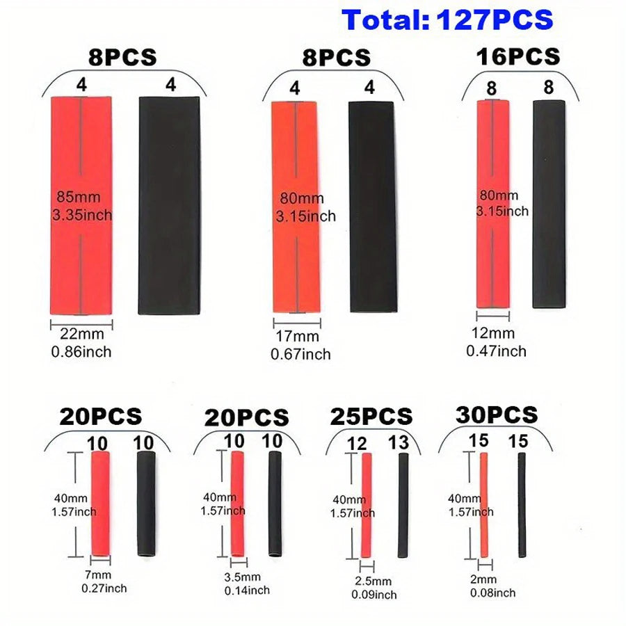 127pcs Black Heat Shrinkable Tube Cable Insulation Sleeve Waterproof Electronic Lated Polyolefin Sheathed Shrink Tubing