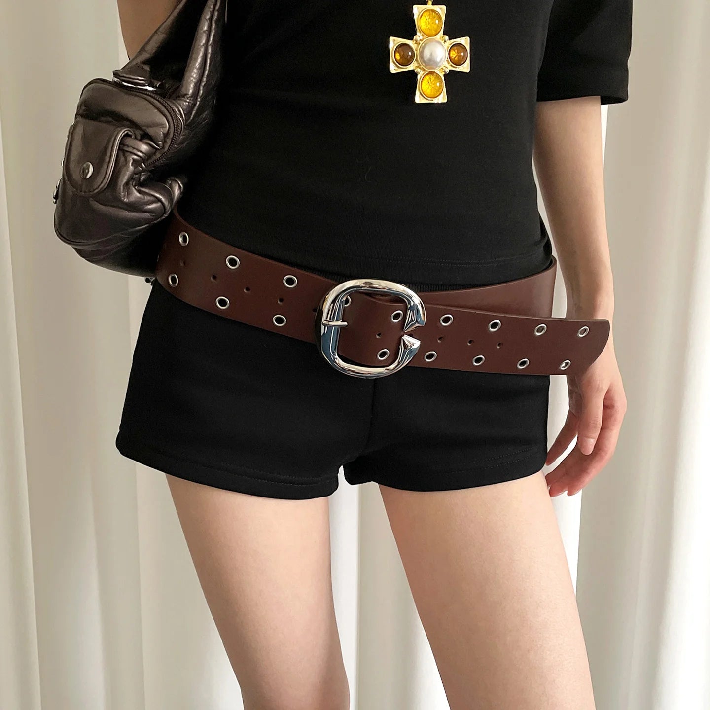 Heavy Industrial Punk Style Double-Row Hole Decoration Wide Version Belt For Women A Niche And Versatile Leather Belt