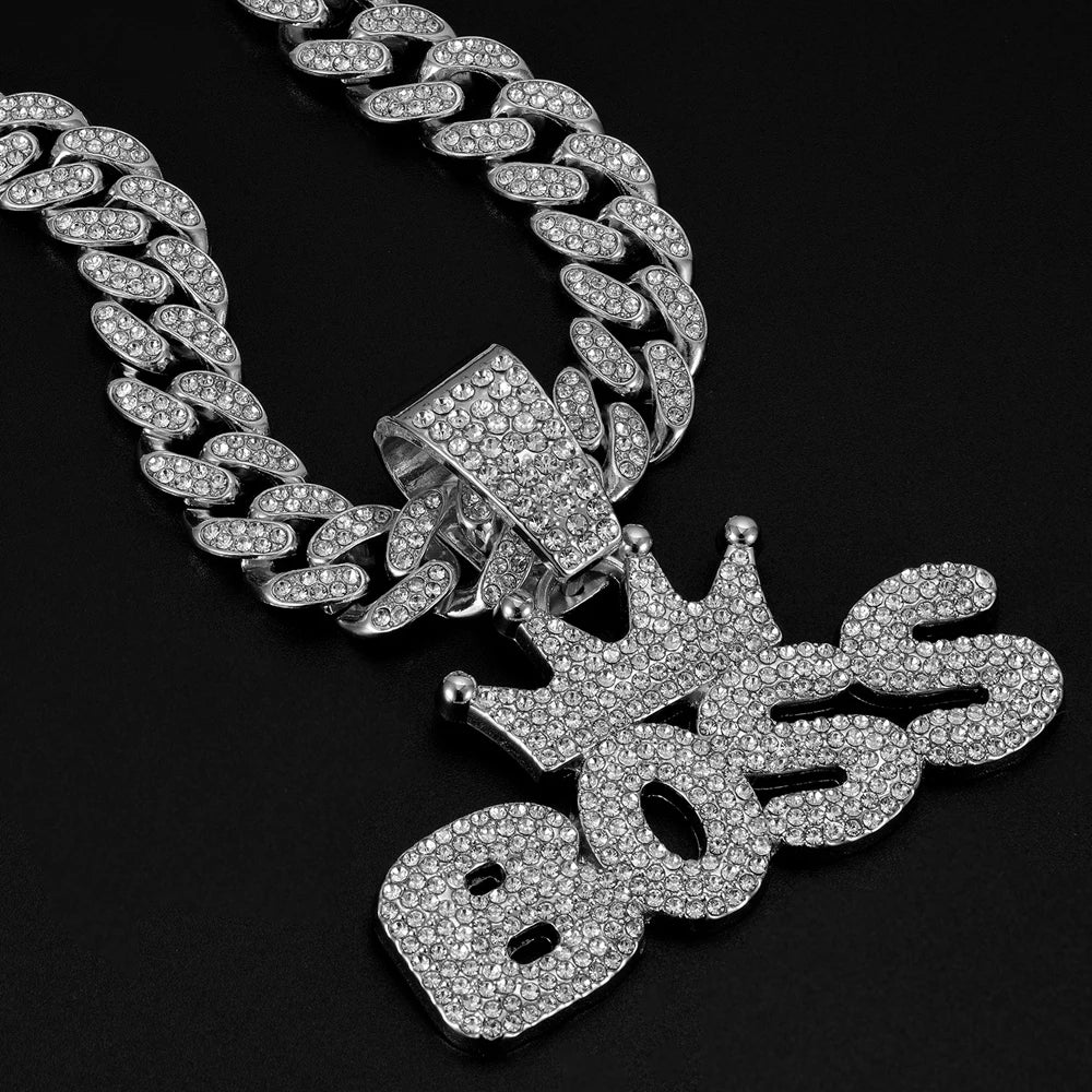Men's Cool Hip-hop Rhinestone Letter BOSS Pendant Necklace, For Men Fashion Iced Out Bling Zircon Cuban Thick Chain Punk Jewelry