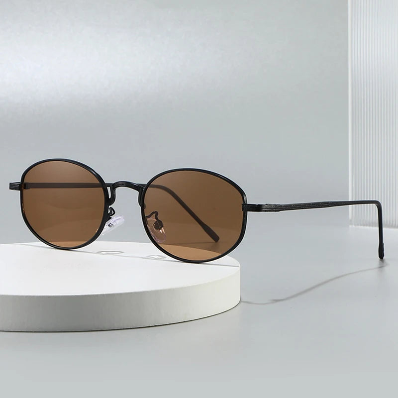 JNPCXI New Oval Metal Sunglasses Women Fashion Black Purple Shades UV400 Men Punk Sun Glasses